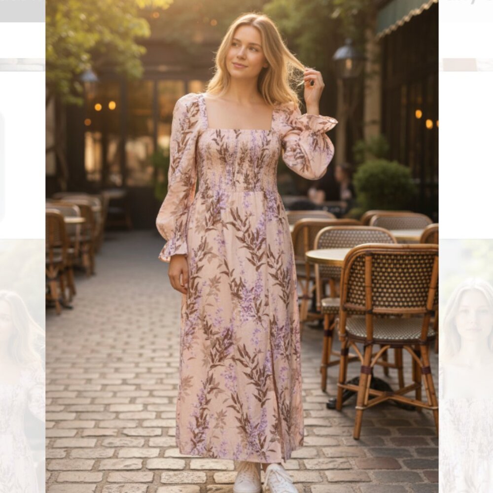 NWOT House of Harlow 1960 Linen Smocked Pink Palm Midi Dress Bishop Sleeve